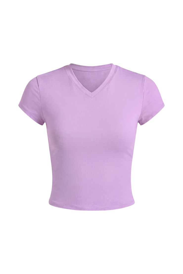 Sleek High V-Neck Short Sleeve Top, Charged Lilac Purple, large