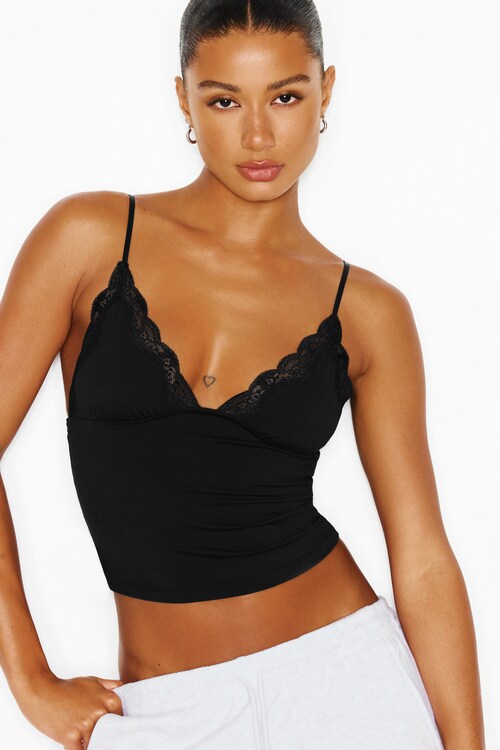 Sleek Plunge Lace Trim Cami Top BLACK | Garage