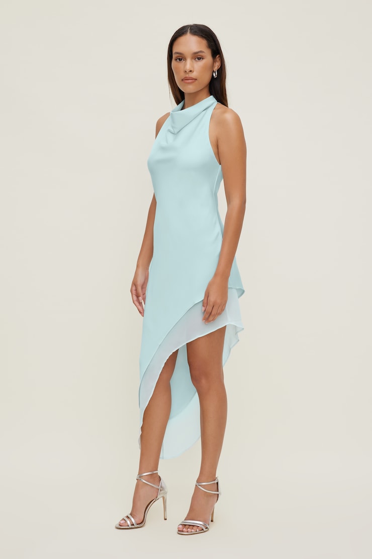 Asymmetric Satin Maxi Dress Wan Blue large