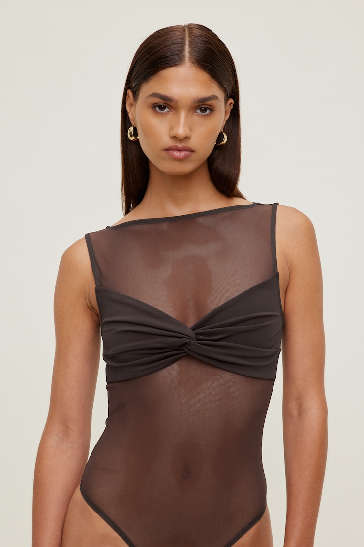 Kai Sheer Mesh Bodysuit Java Brown large