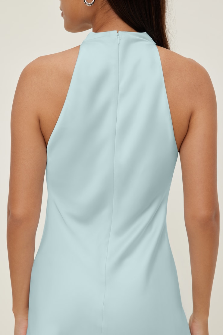 Asymmetric Satin Maxi Dress Wan Blue large
