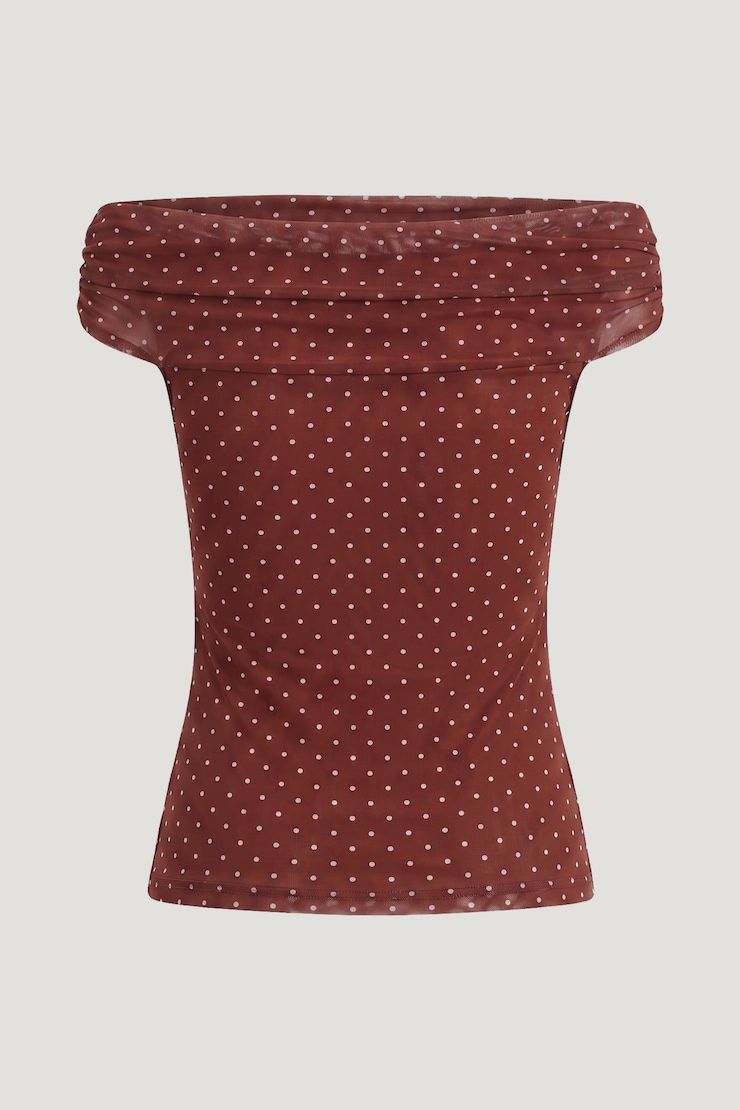 Off Shoulder Mesh Top Dark Paprika Red w/ White Polka Dots large