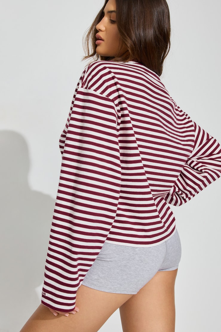 Fluid Long Sleeve Crewneck, Sour Cherry Burgundy/Snow White Stripes, large