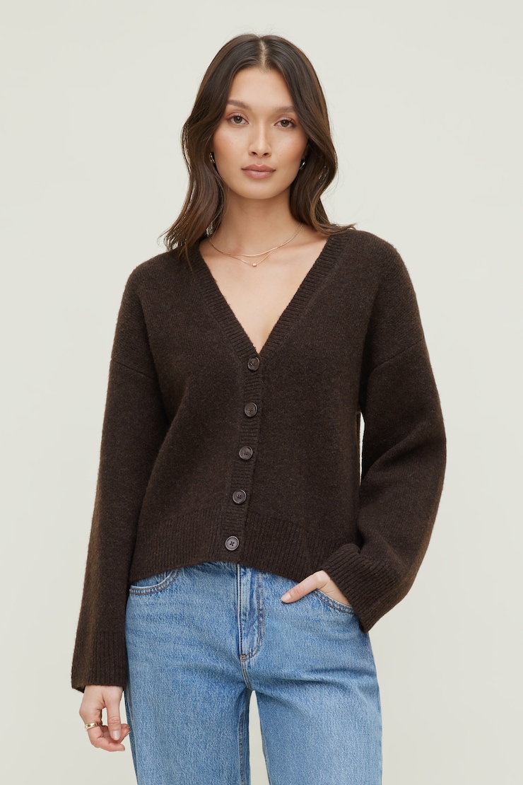 Cardigan décontracté à col en V Brun café large