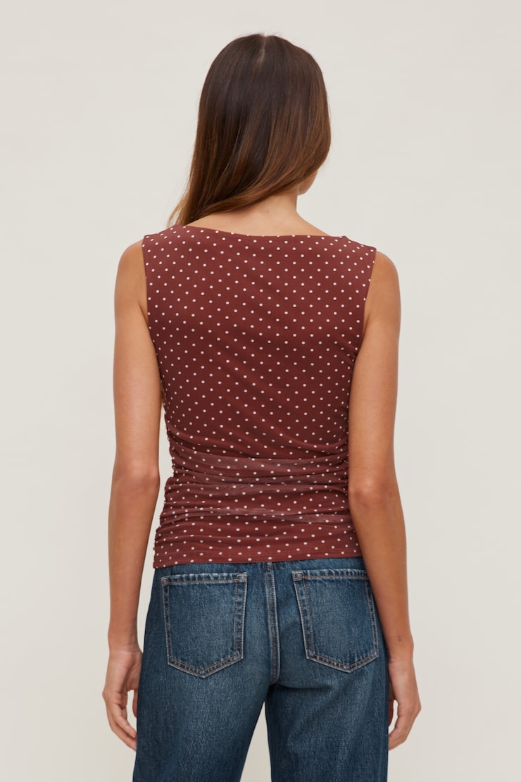Nola Printed Mesh Tank Top Dark Paprika Burgundy w/ White Polka Dots large