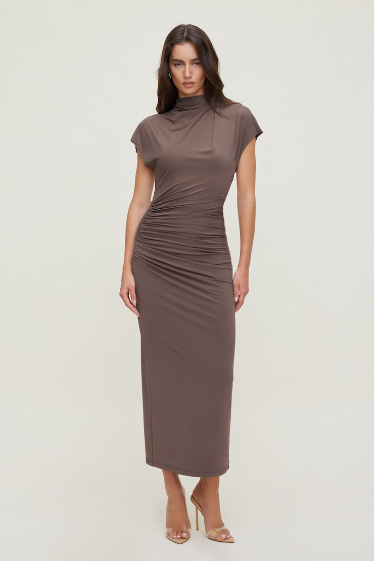 Sculpt Ruched Midi Dress Peppercorn Brown large