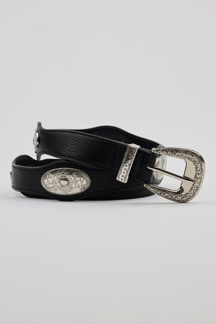 Western Concho Strap Belt, Black/Antique Silver, large