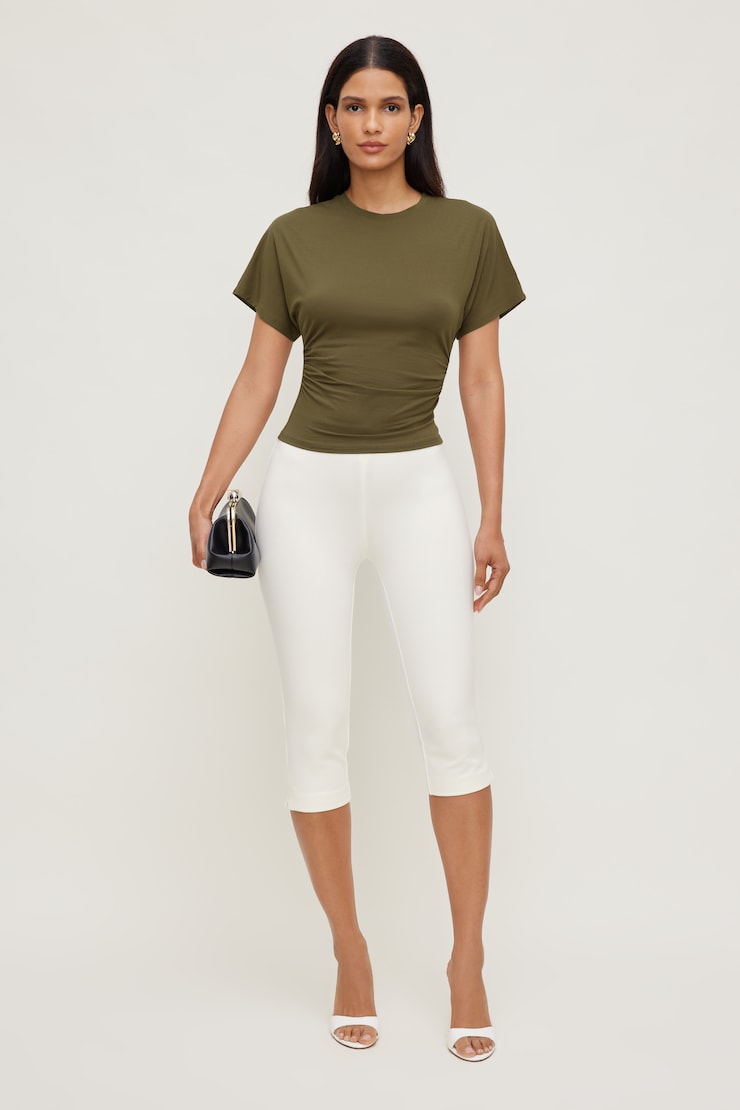 Andrea Shirred Jersey T Shirt Dark Olive Khaki large