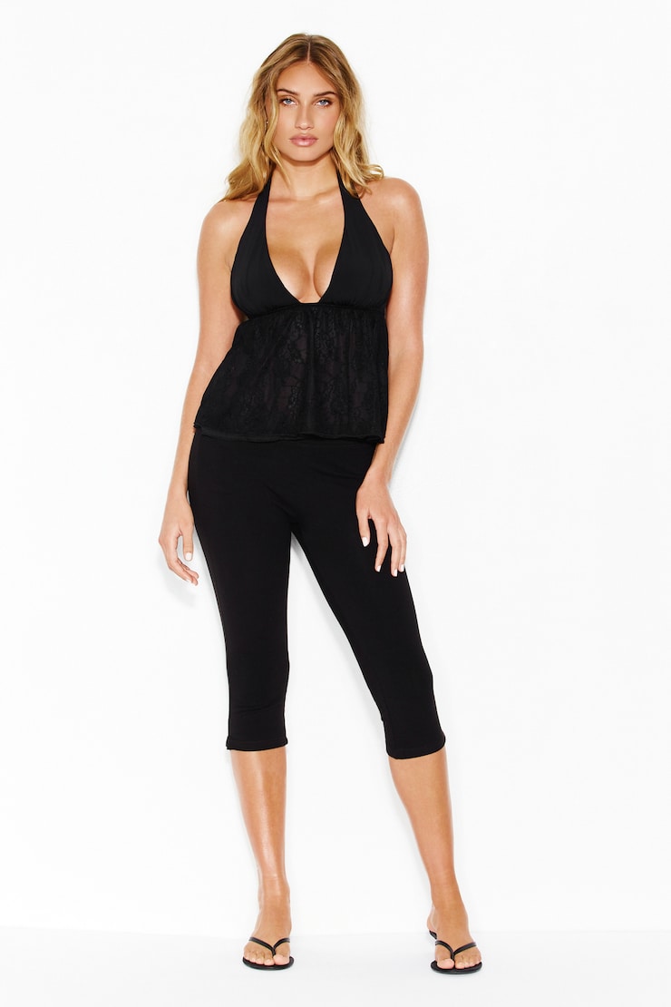 Plunge Mixed Media Flyaway Top, Jet Black, large