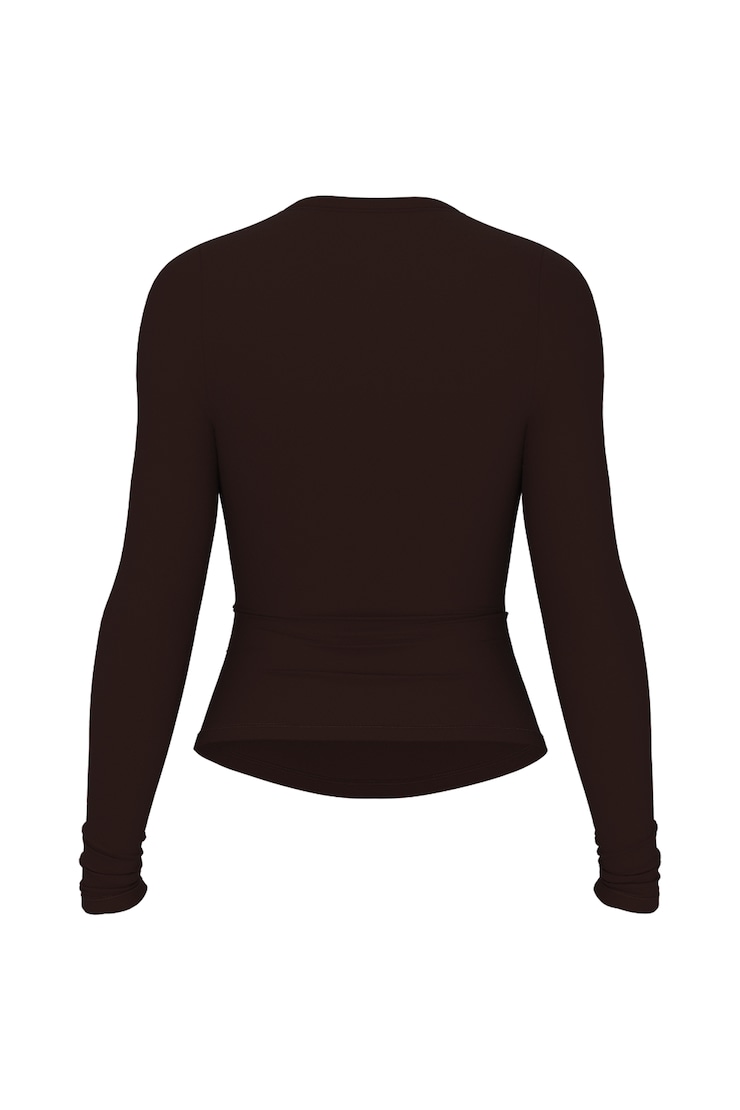 Sleek Crewneck Longsleeve Top, Chocolate Mousse Brown, large