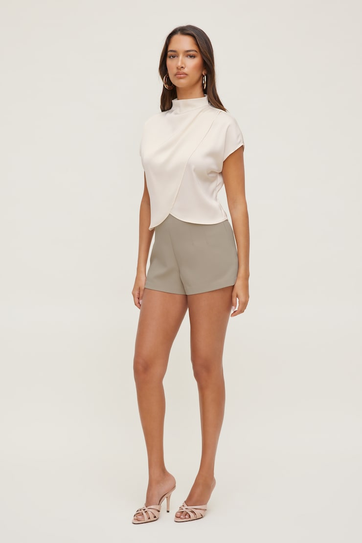 Ella Layered Satin Blouse Beige | Dynamite