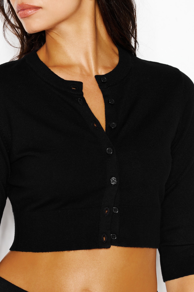 Ultra Cropped Cardigan Long Sleeve Top, Jet Black, large