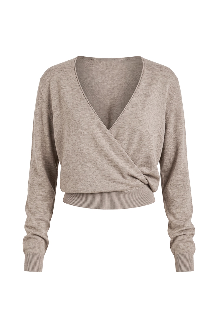 Long Sleeve Fluid Wrap Sweater, Warm Taupe Melange, large