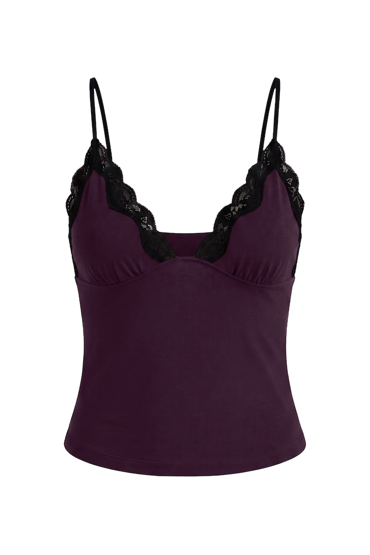 Sleek Plunge Lace Trim Cami Top, Wild Berry Maroon w/ Jet Black, large