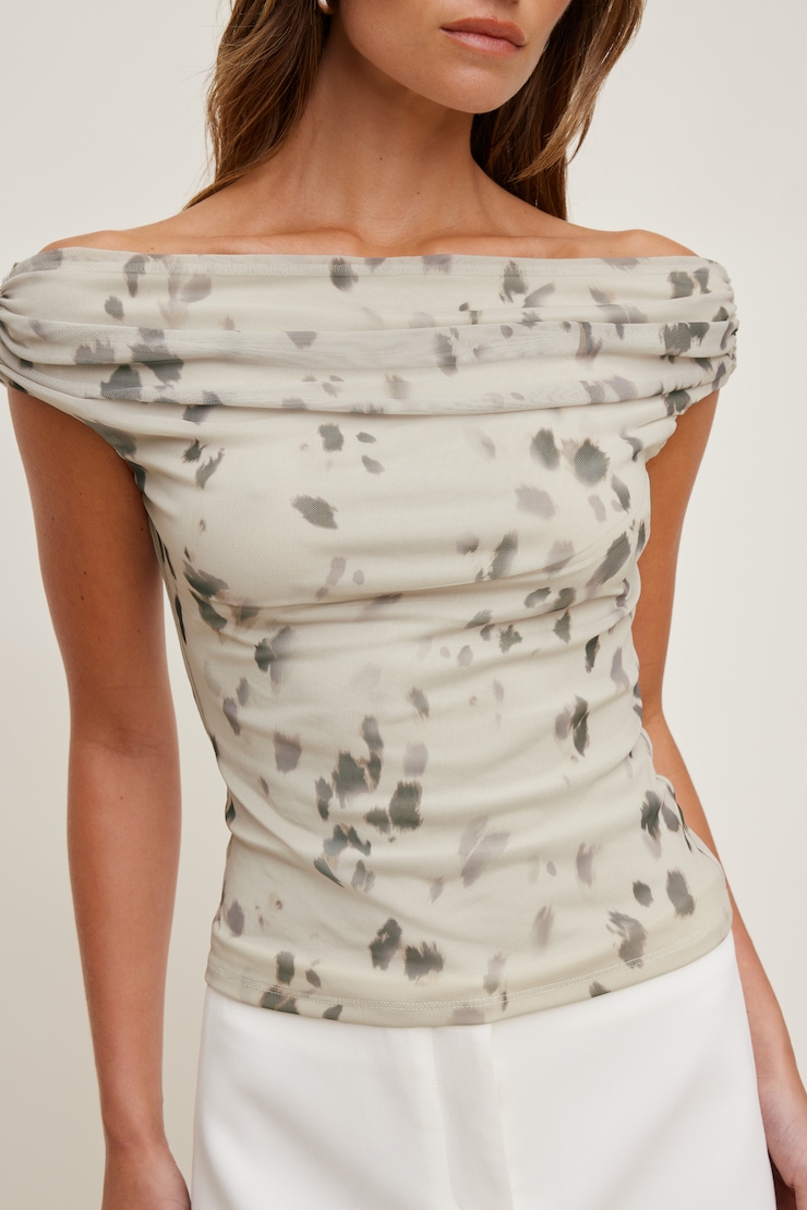 Off Shoulder Mesh Top Leopard Brown large