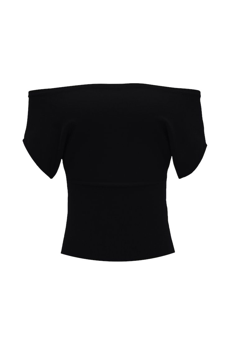Off Shoulder Short Sleeve Cinch Waist Top, Jet Black, large