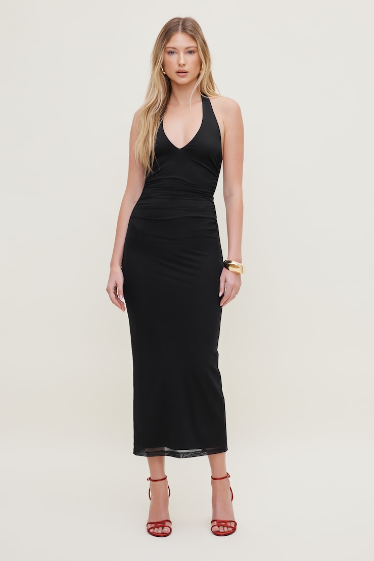 Robe maxi en maille à col licou Reia Noir encre large