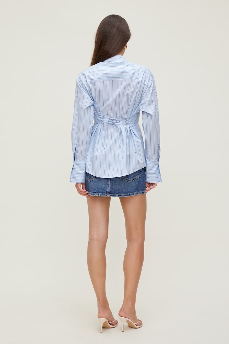 Poplin Cinch Back Shirt Blue Stripe large