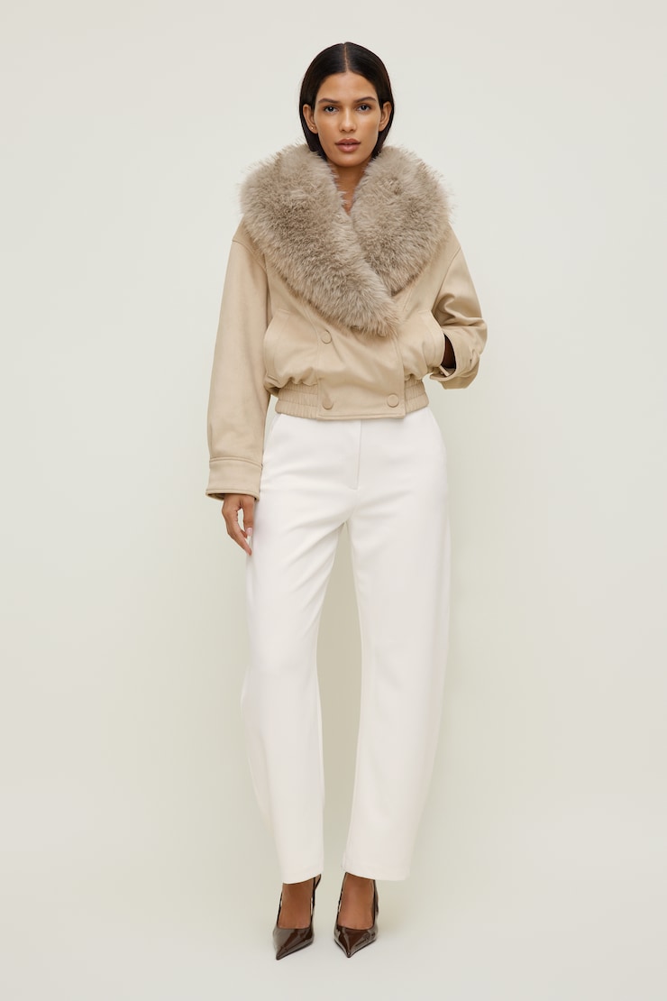 Blouson aviateur en faux suède Beige pierre ponce large