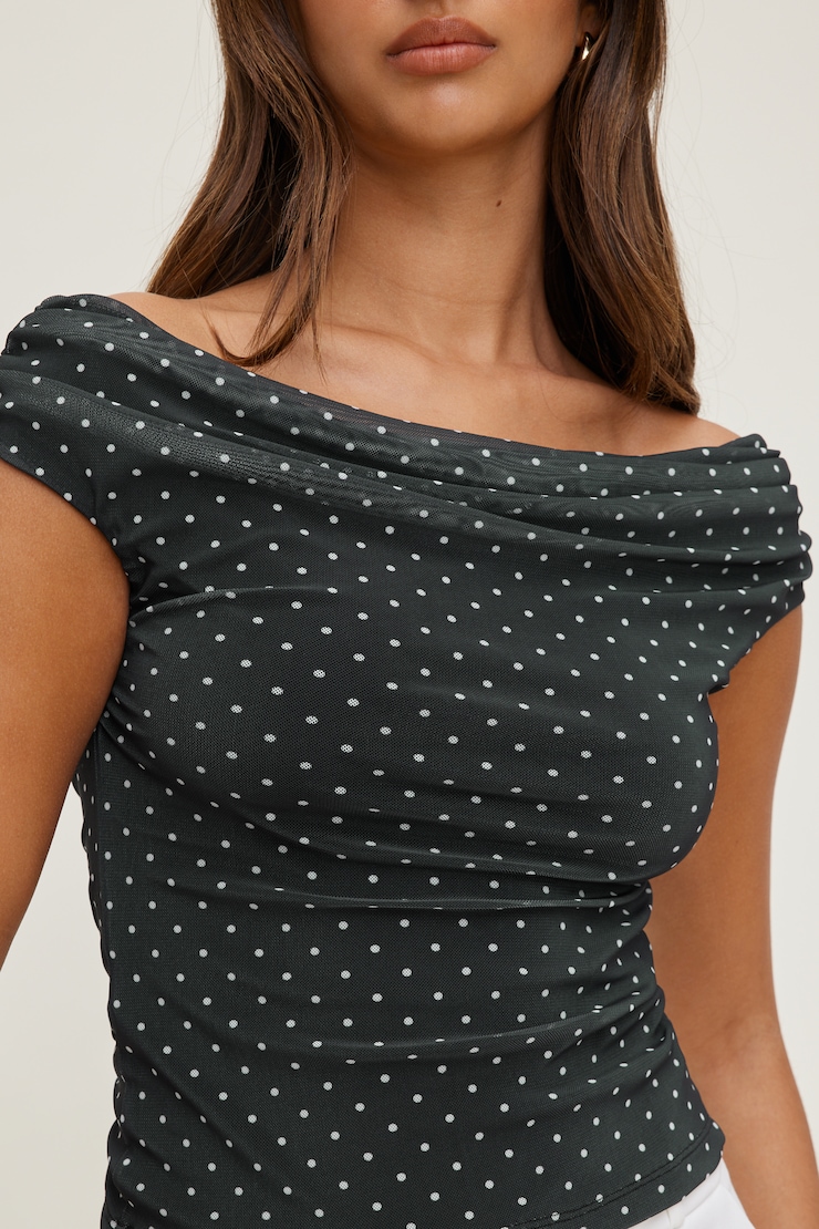 Off Shoulder Mesh Top Black w/ White Polka Dots large