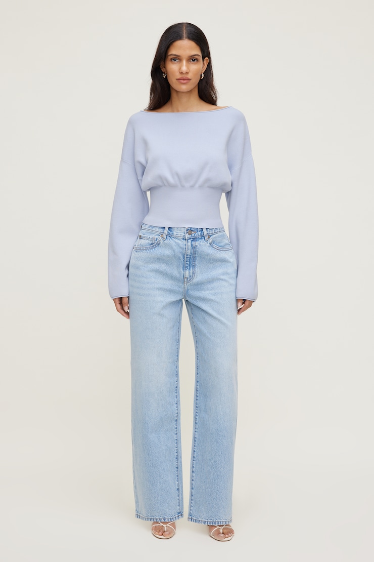 Cinched Boat Neck Sweater Blue | Dynamite