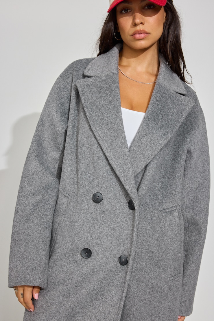 Oversized Long Felted Trench Coat, Stormy Melange Grey, large