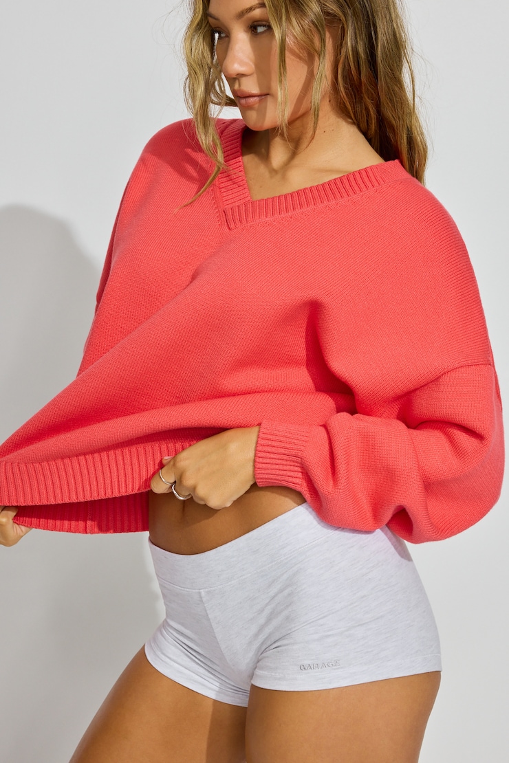 V-Neck Oversized Sweater, Cayenne Orange, large