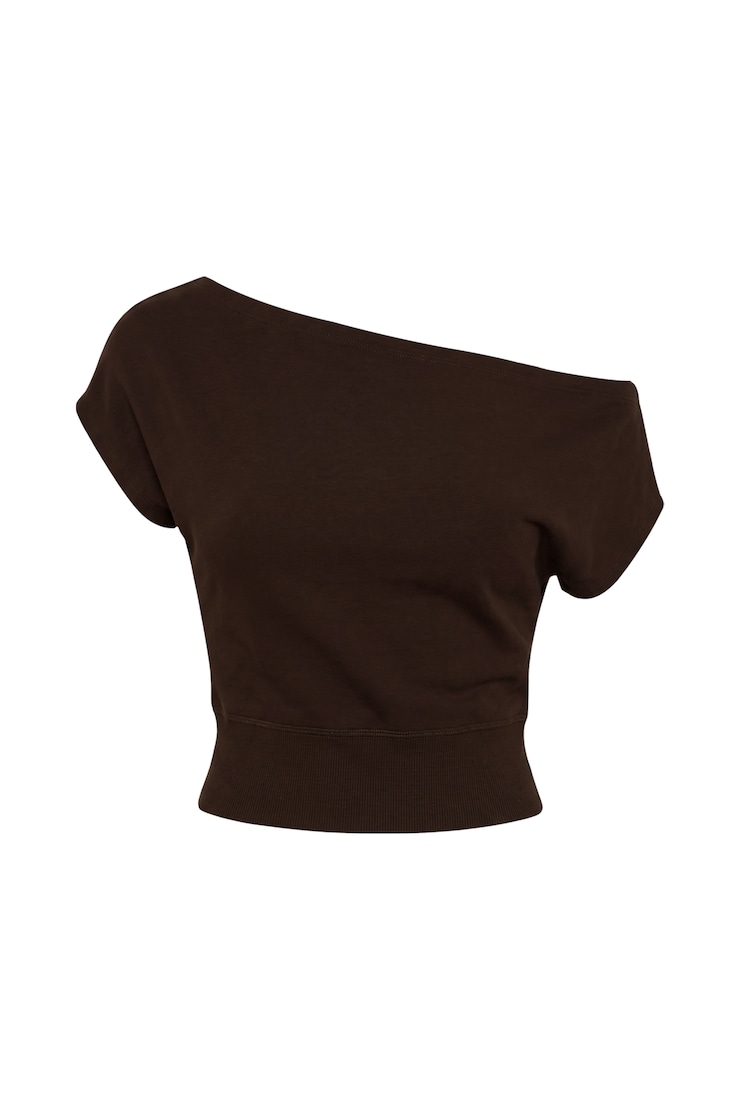StretchTerry™ Off Shoulder Top, Chocolate Mousse Brown, large