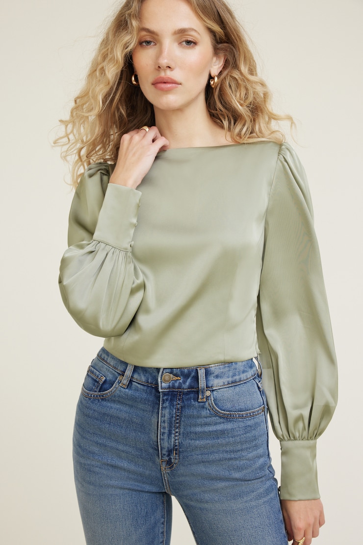 Faye Cropped Boat Neck Satin Blouse Seagrass Green large