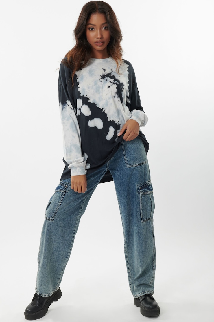 Boyfriend  Long Sleeve Tee , Navy Tie-dye, large