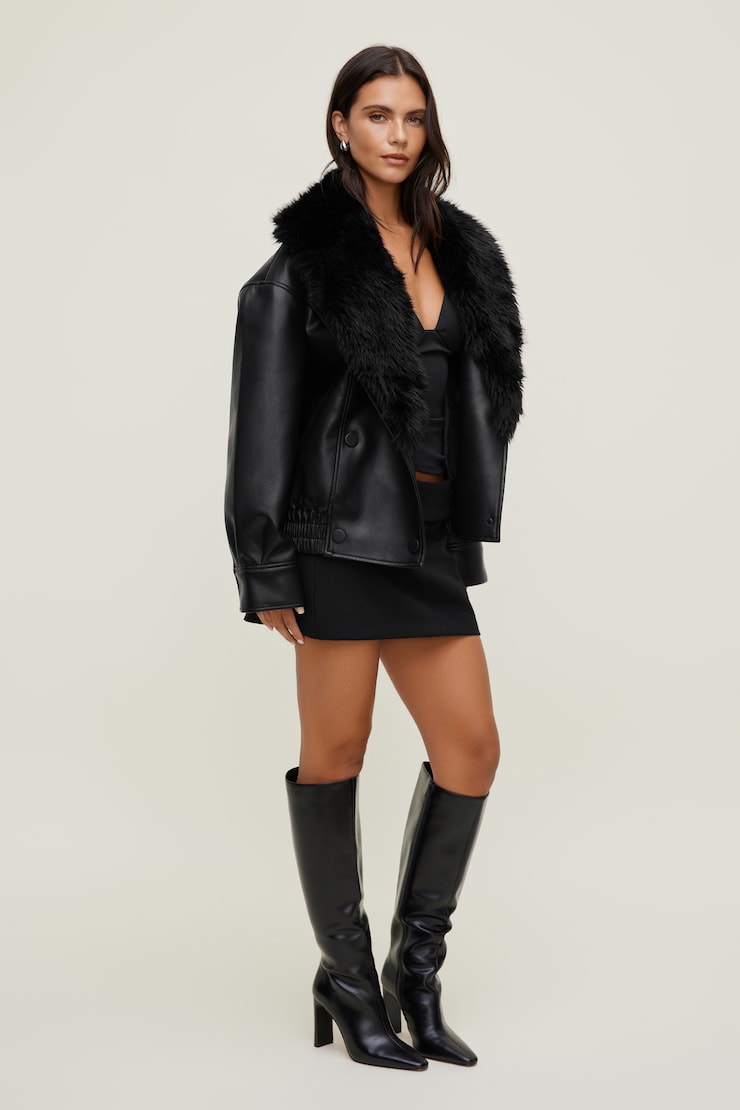 Drew Faux Leather Aviator Jacket Jet Black large