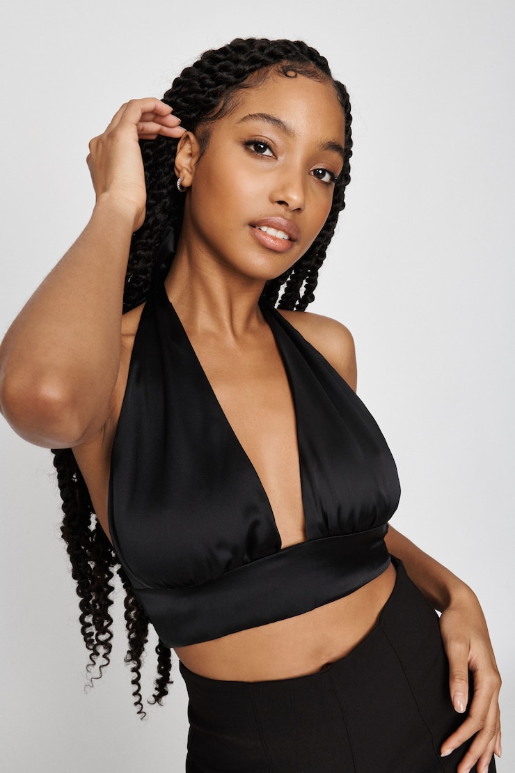 Satin Plunge Halter Tank Black | Garage
