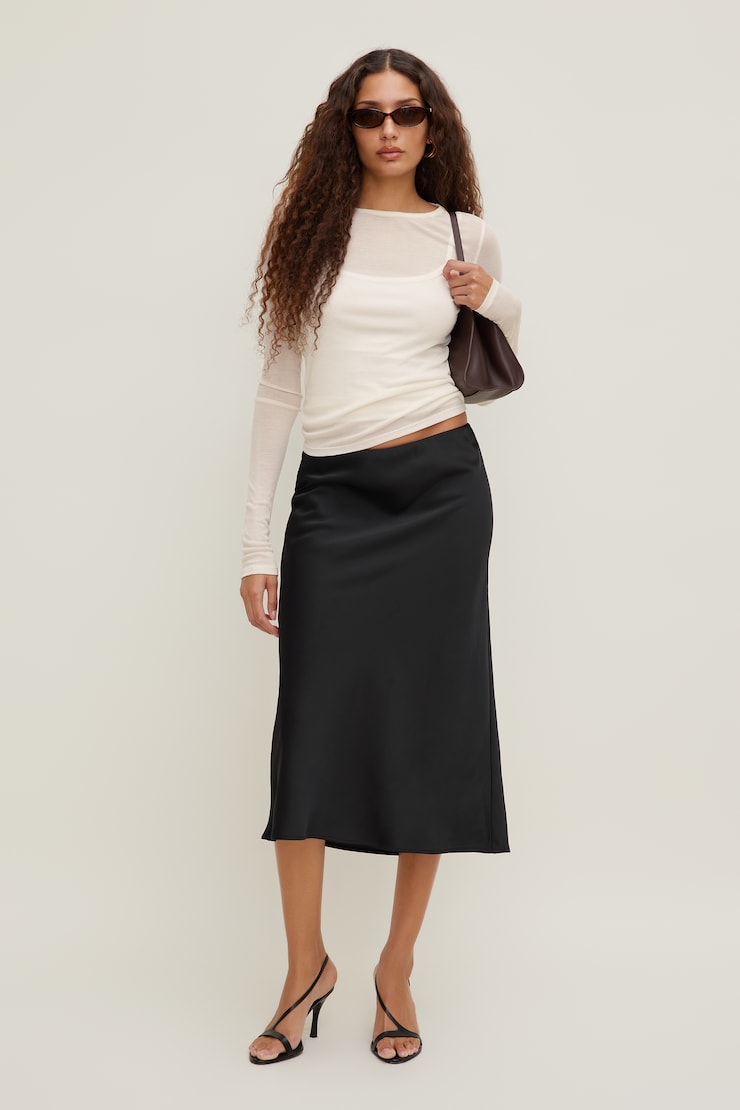Jupe midi en satin Delila Noir encre large