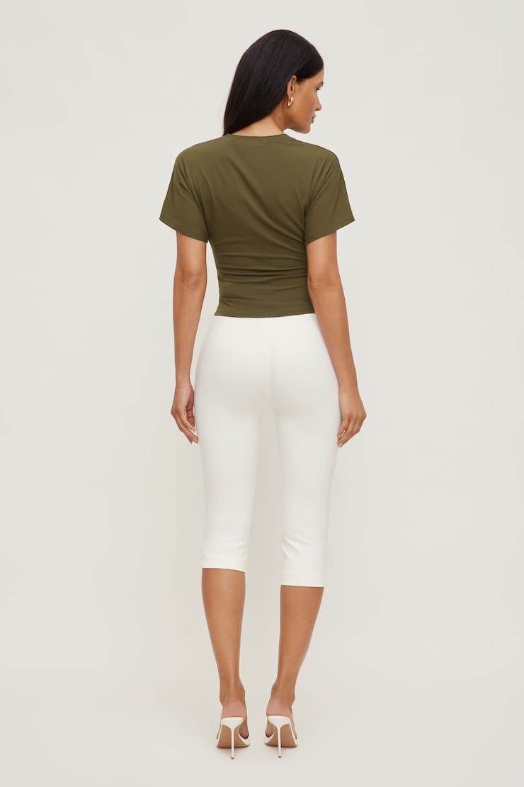 Andrea Shirred Jersey T Shirt Dark Olive Khaki large