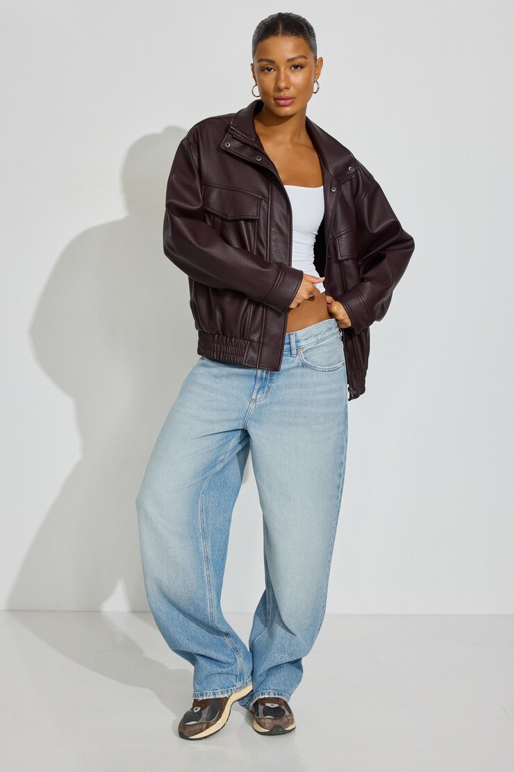 Oversized Faux Leather Bomber, Deep Burgundy, large