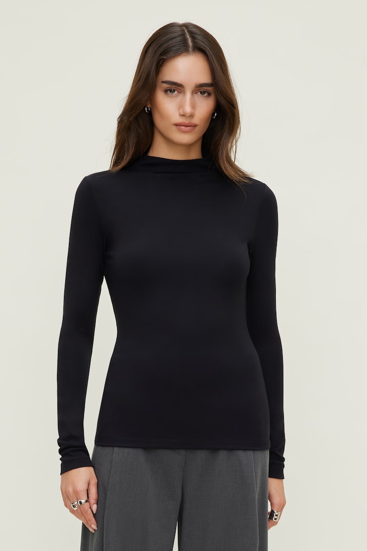 Mock Neck Long Sleeve Top Jet Black large