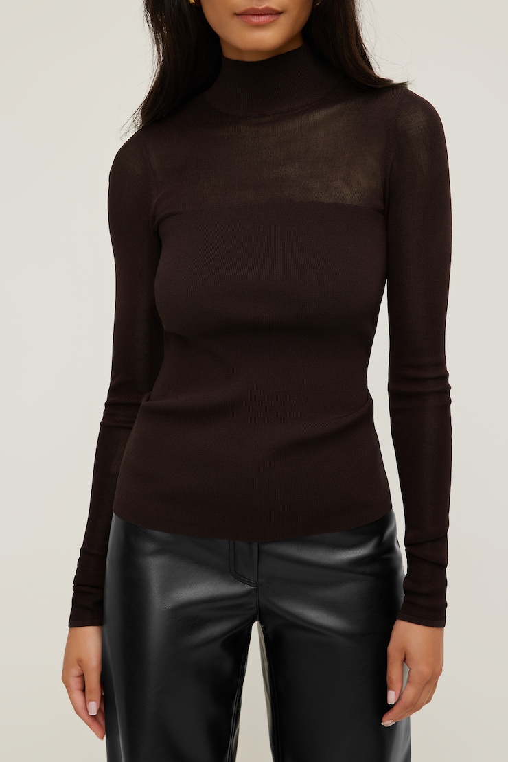 Sheer Opaque Mock Neck Sweater CHERRY LACQUER large
