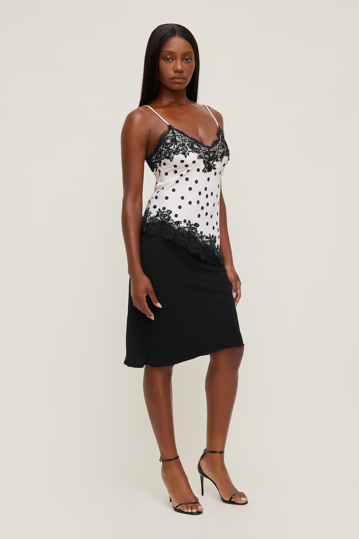 Cassie Asymmetric Lace Satin Cami Off white w/Black Polka Dots large
