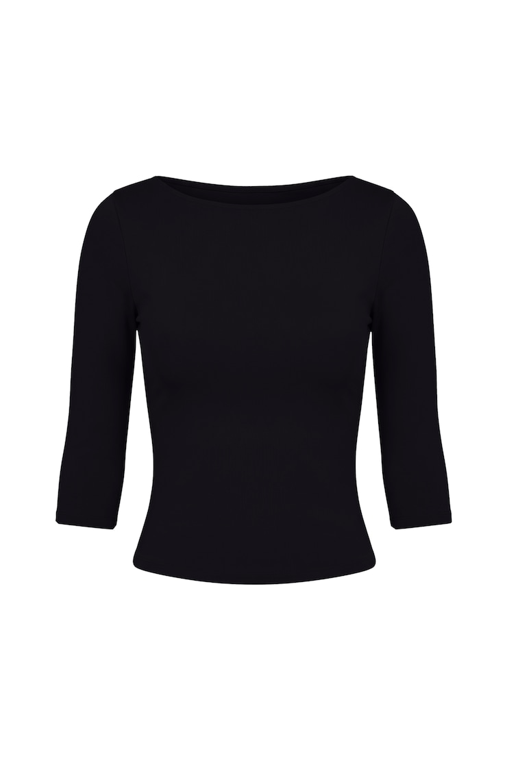 Sleek 3/4 Sleeve Boatneck Top, Jet Black, large