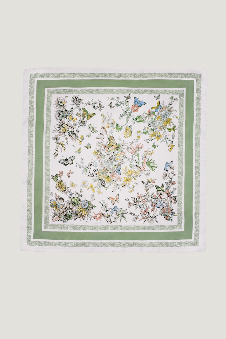 Satin Feel Scarf Green Yellow Floral large