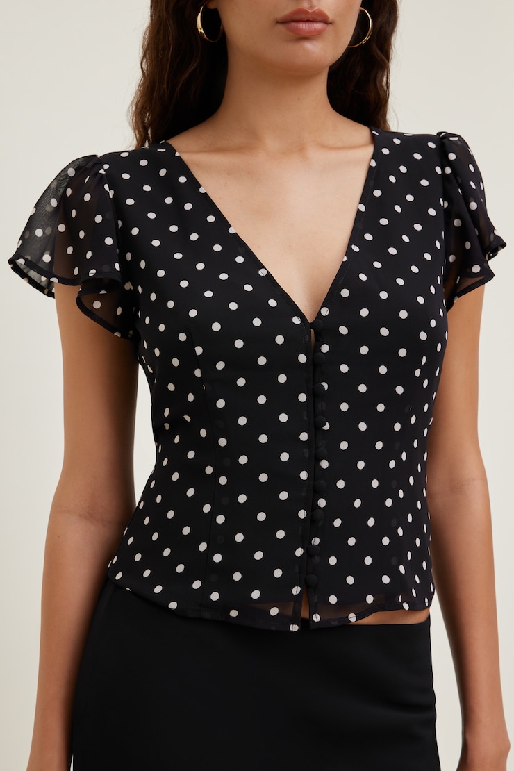 Flutter Sleeve Blouse Black w/ White Polka Dots large