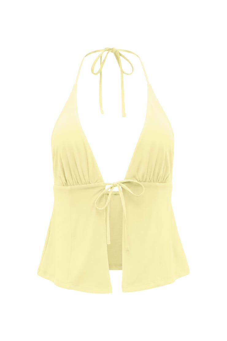 Plunge Tie Front Halter, Limonada Yellow, large