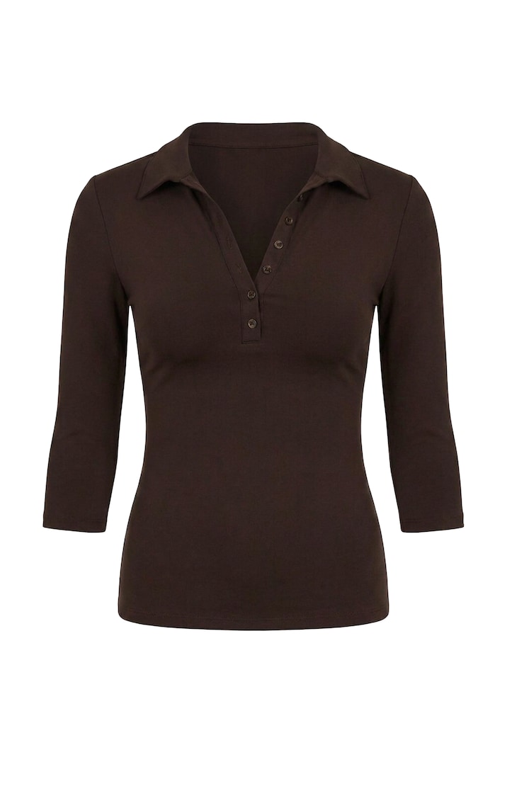 Sleek 3/4 Sleeve Polo Top, Chocolate Mousse Brown, large