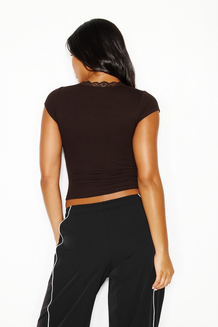 SnatchRib Plunge Lace Trim T-Shirt, Chocolate Mousse Brown, large
