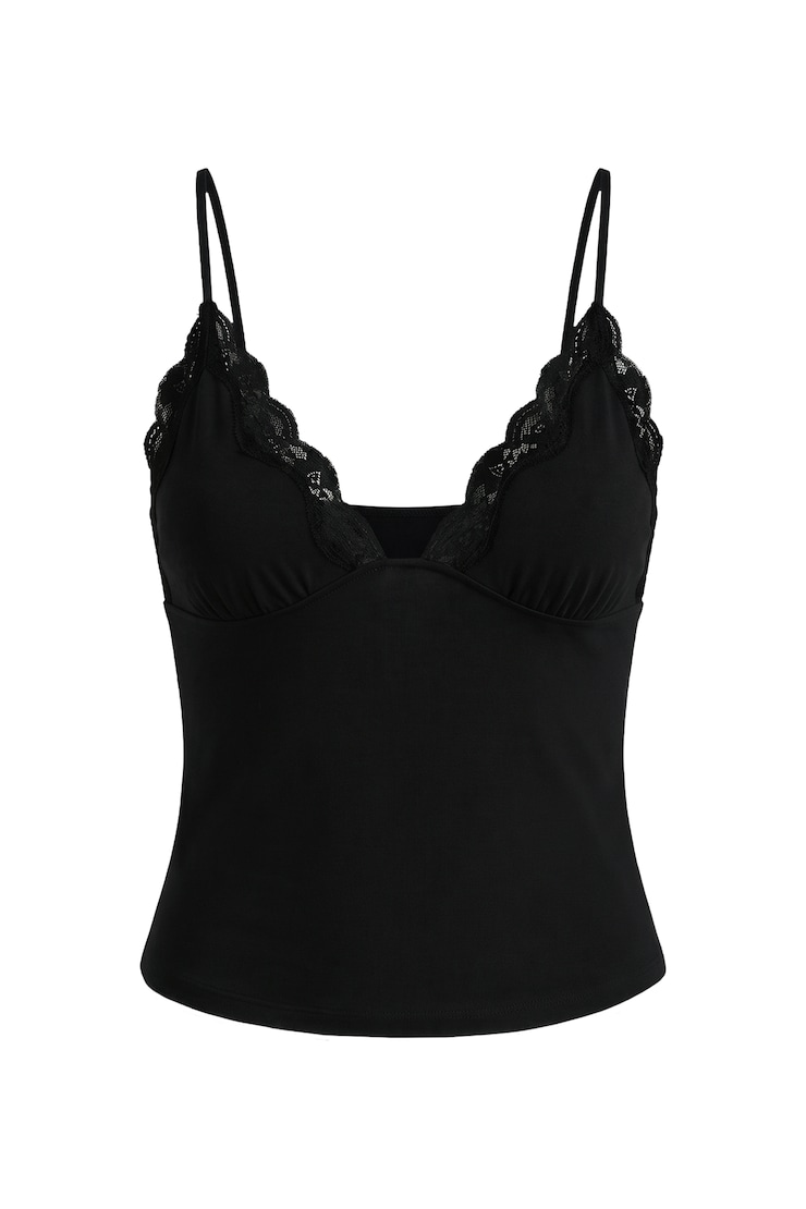 Sleek Plunge Lace Trim Cami Top, Jet Black, large