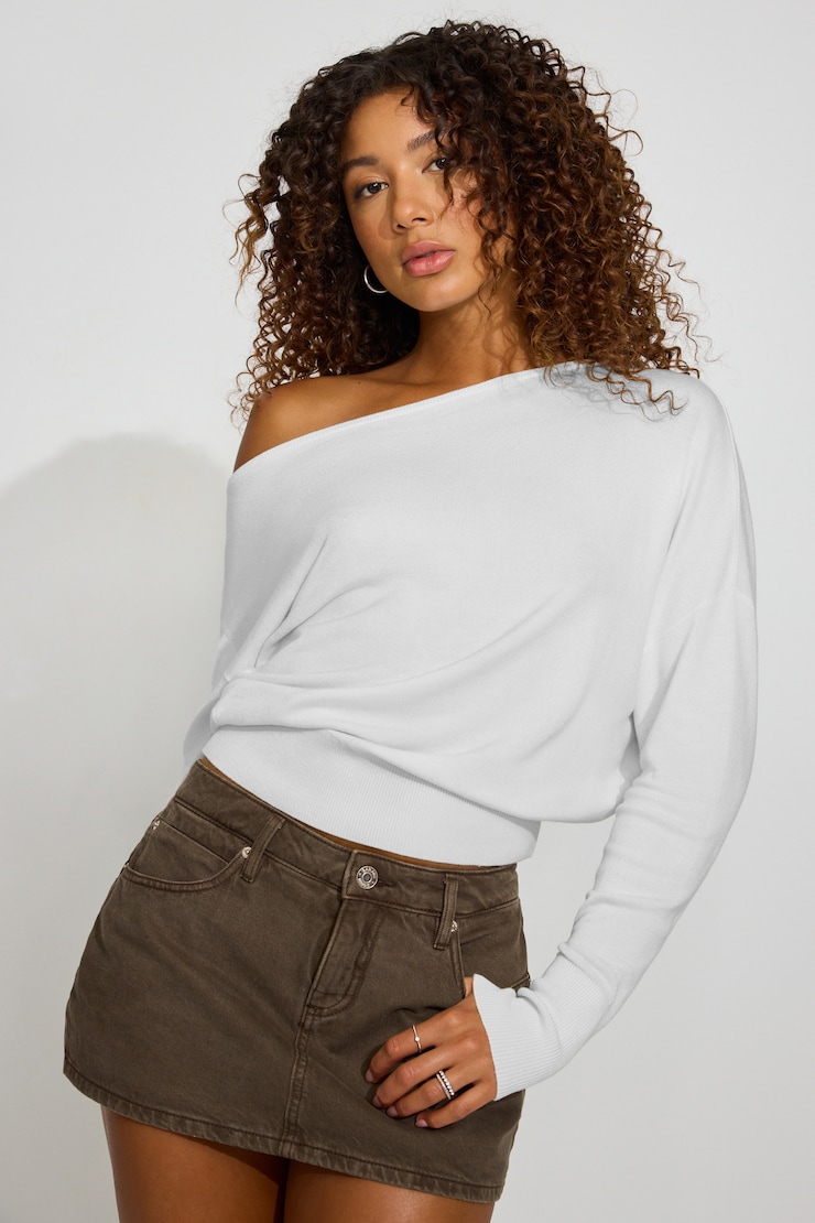 Rae Asymmetric Fine Sweater, Snow White, large