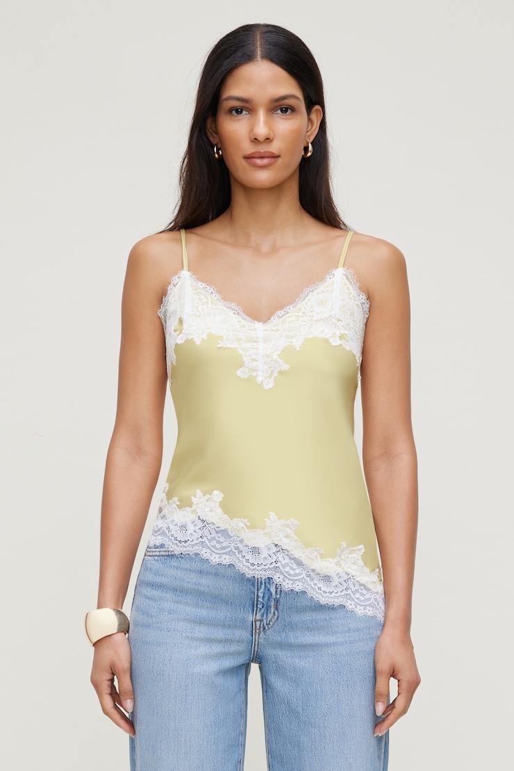 Cassie Asymmetric Lace Satin Cami Yellow | Dynamite