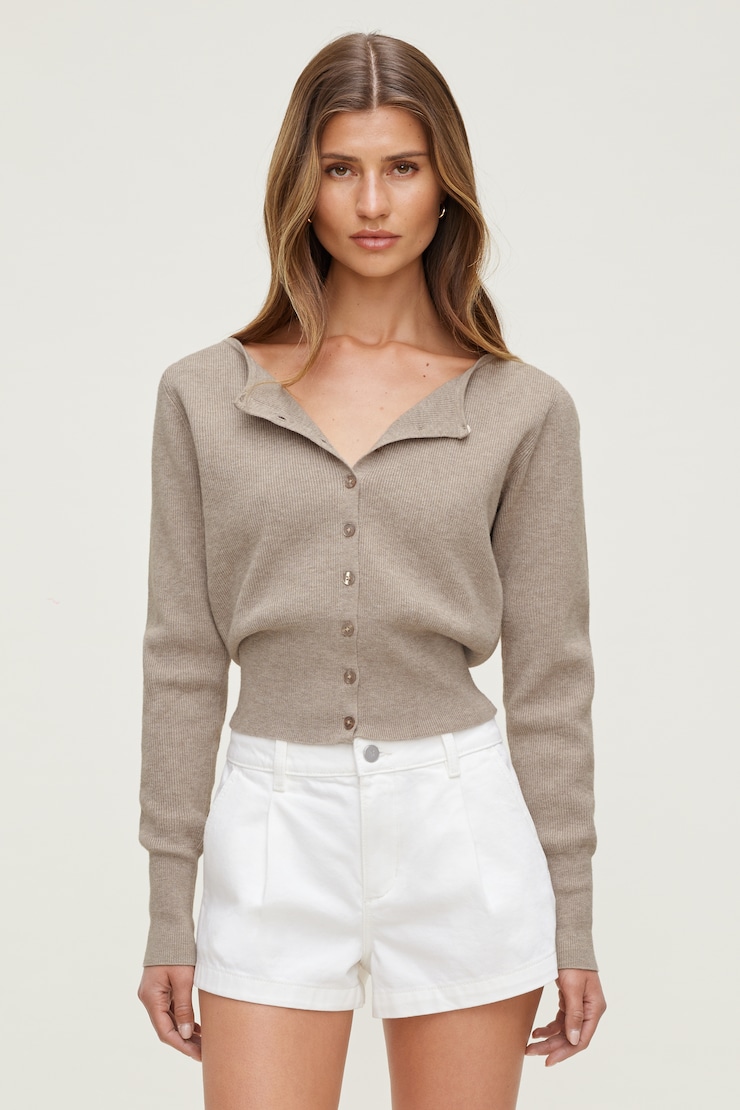 Sara Ribbed Cinch Hem Cardigan Beige | Dynamite