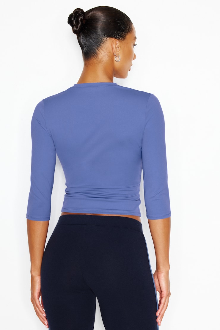Sleek High V-Neck 3/4 Sleeve Top, Blue Blush, large