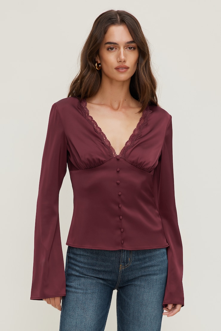 Satin Long Sleeve Blouse Maroon Banner large